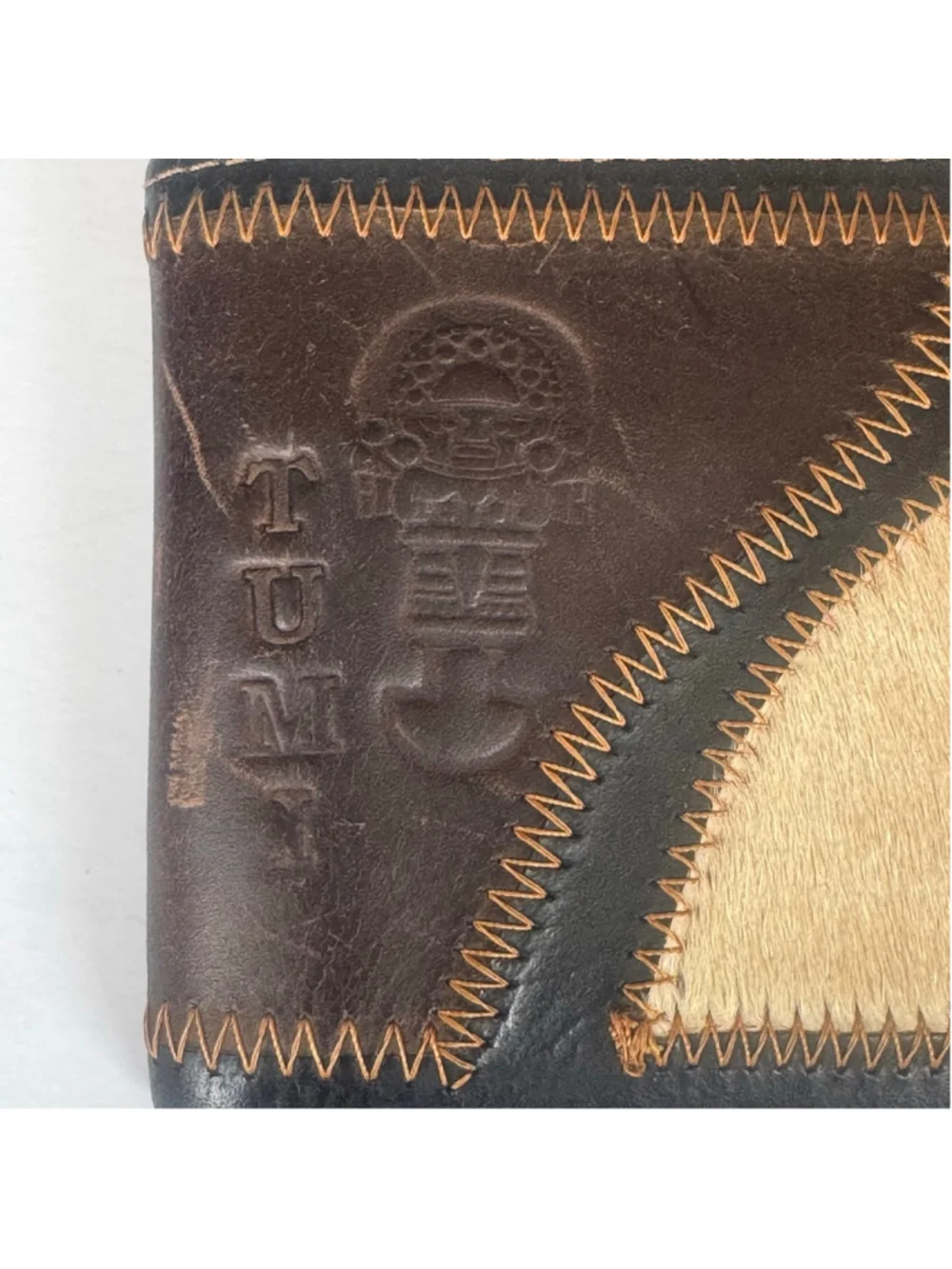 Tumi Leather Hair-On-Hide Bifold Wallet Brown Patchwork Southwestern Coin Zip
